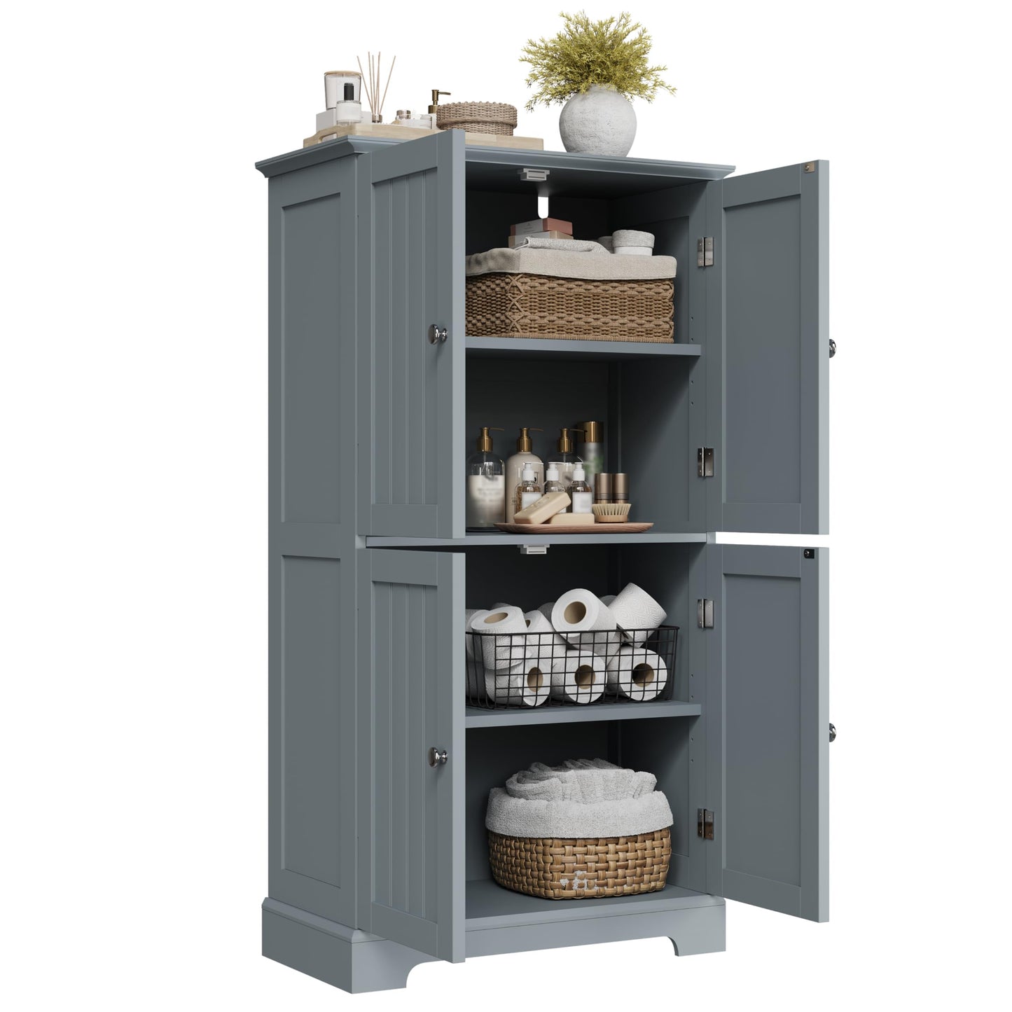 ChooChoo Bathroom Floor Cabinet, Modern Bathroom Storage Cabinet with 4 Doors and Adjustable Shelves, Freestanding Cupboard for Living Room, Grey