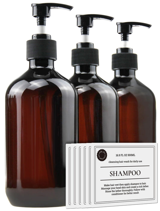 Empty Plastic Bottles with Pump Dispenser and Labels Included, Refillable Travel Containers for Hand sanitizer Shampoo Lotion, etc - No BPA/Parabenf, 500ml/16.9oz (Amber, 3 Pack)
