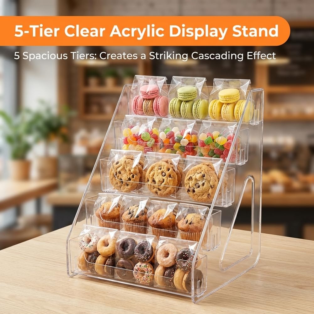 VKAXRMZTP 5-Tier Clear Acrylic Cookie Display Stand, Rectangular Shelves, Clear Tiered Dessert Stand for Bakers Vendors, Professional Display Riser for Cookies, Cupcakes, Muffins & Pastries