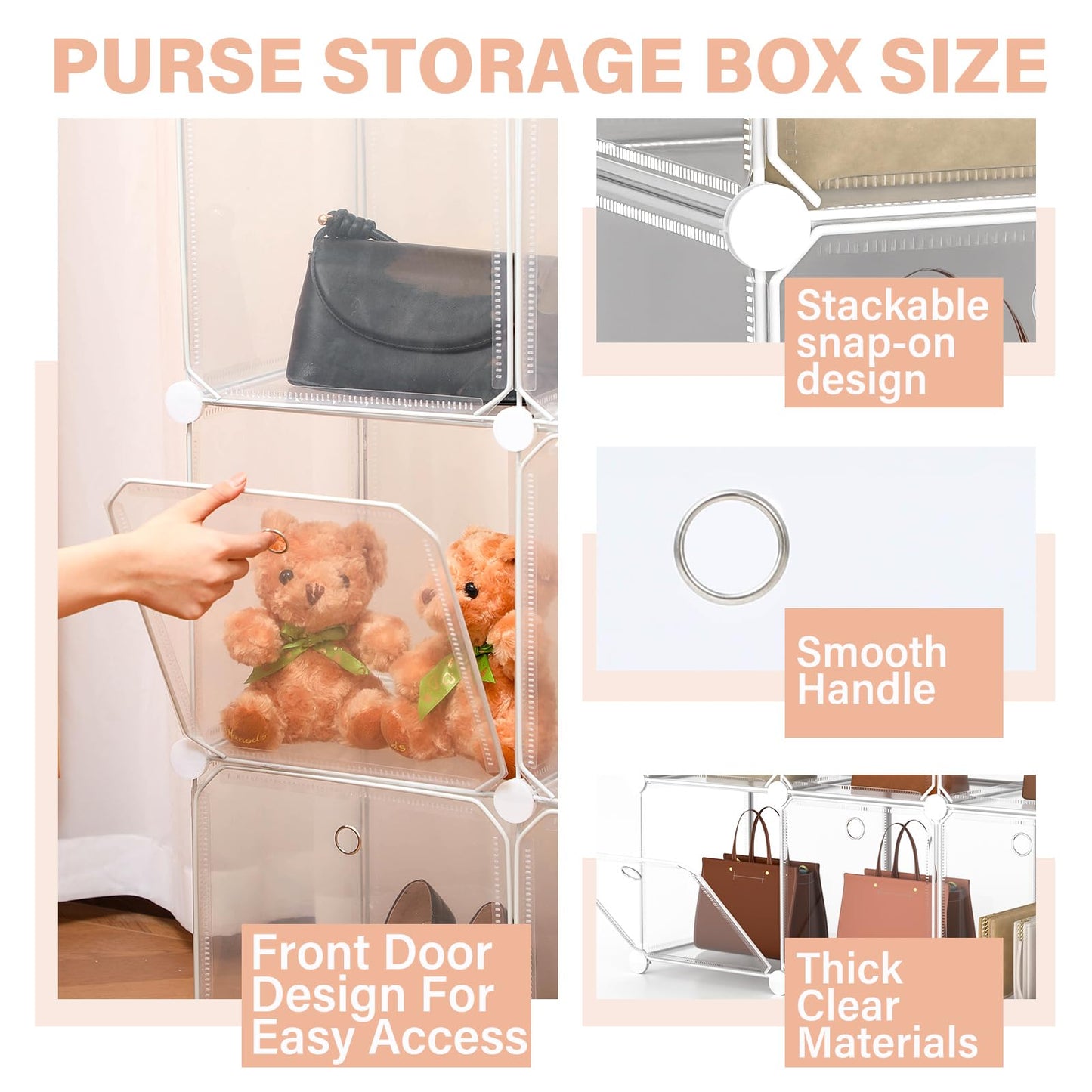 Briwooody 8 Pack Purse Organizer for Closet Purse Storage Box with Door Clear Display Case Handbag Organizer Dustproof Storage Bins for Hat Wallet Book Toy Cosmetic