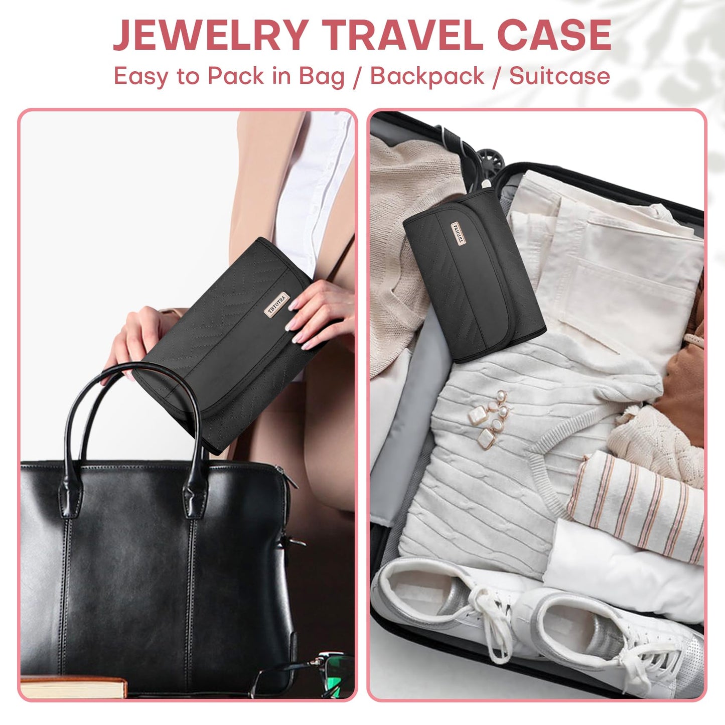 TBTOTRA Travel Jewelry Organizer Box, Foldable Travel Case for Earrings, Necklaces, Rings, Bracelets, Black