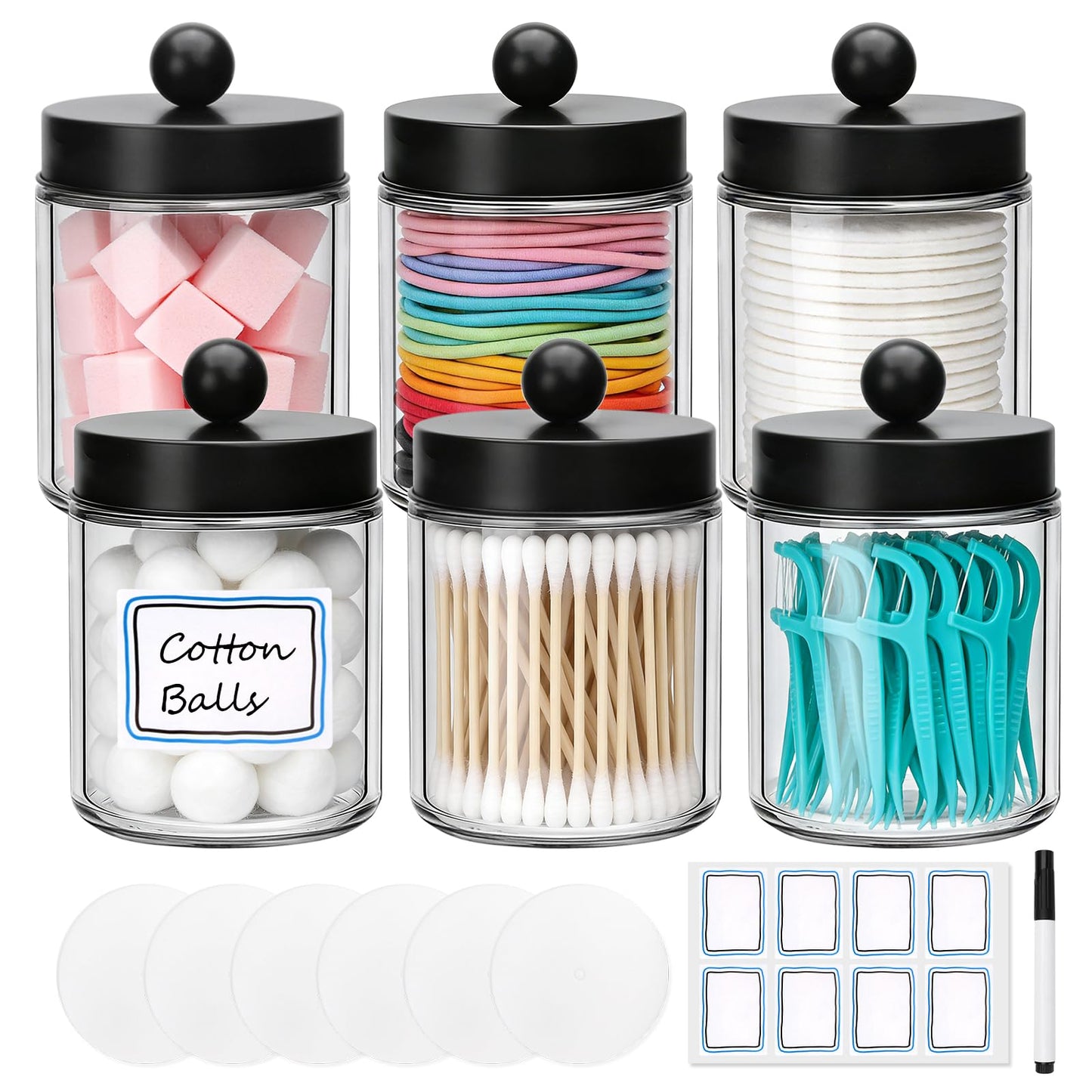 Accguan Apothecary Jars Bathroom Vanity Storage Organizer Set, Glass Countertop Canisters with Stainless Steel Lids, Qtip Holder for Cotton Swabs, Makeup Sponges, Flossers, 6 Pack