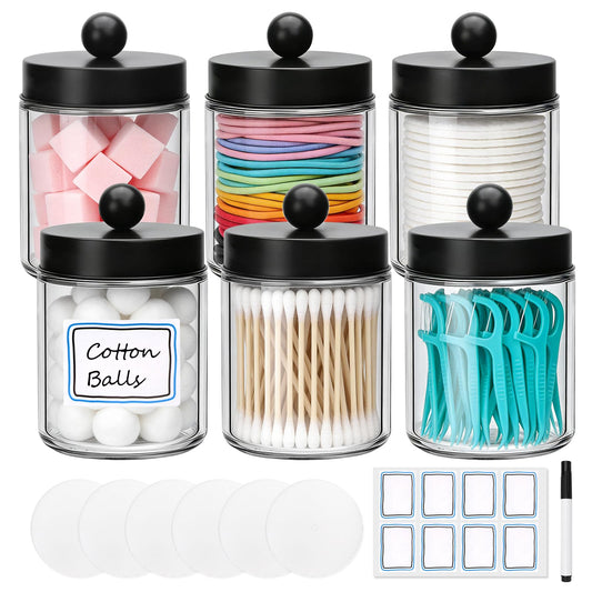 Accguan Apothecary Jars Bathroom Vanity Storage Organizer Set, Glass Countertop Canisters with Stainless Steel Lids, Qtip Holder for Cotton Swabs, Makeup Sponges, Flossers, 6 Pack