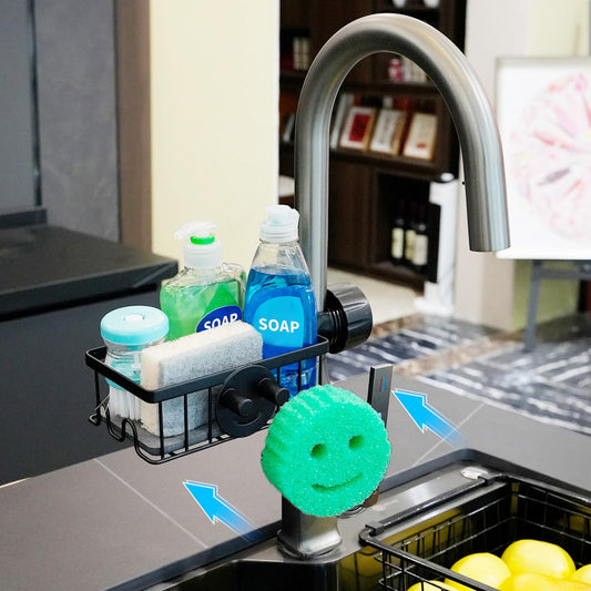 Seltomer Sponge Holder for Kitchen Sink Smiley Face Sponge Holder Over Faucet - Stainless Steel Sink Caddy Organizer with Quick Stone Drying Mat (Black)