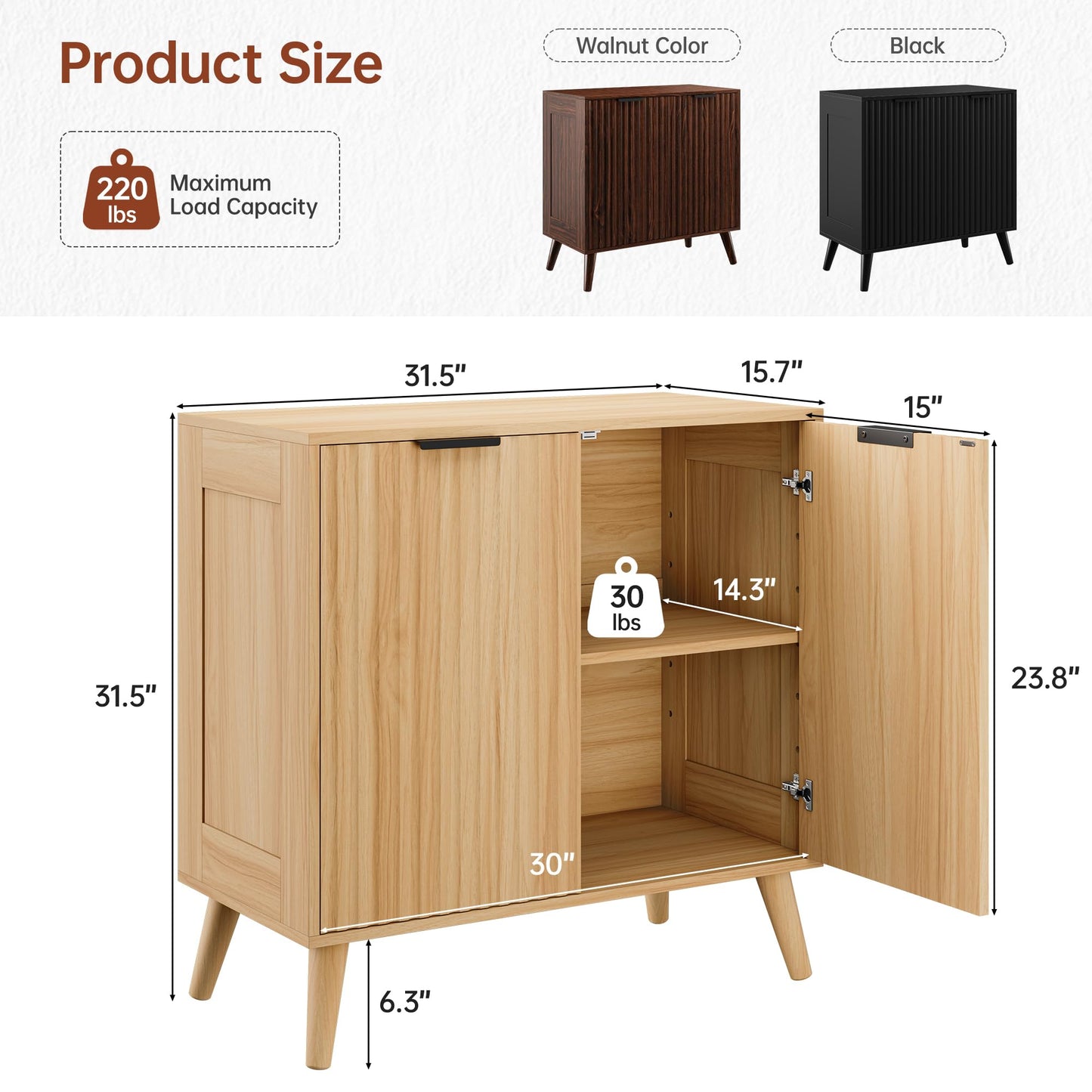 EPLICEMR Fluted Sideboard Buffet Cabinet with Storage, 2 Doors Modern Sideboard Cabinet for Living Room, Wood Coffee Bar Cabinets with Adjustable Shelves Accent Credenza for Kitchen, Entryway, Natural