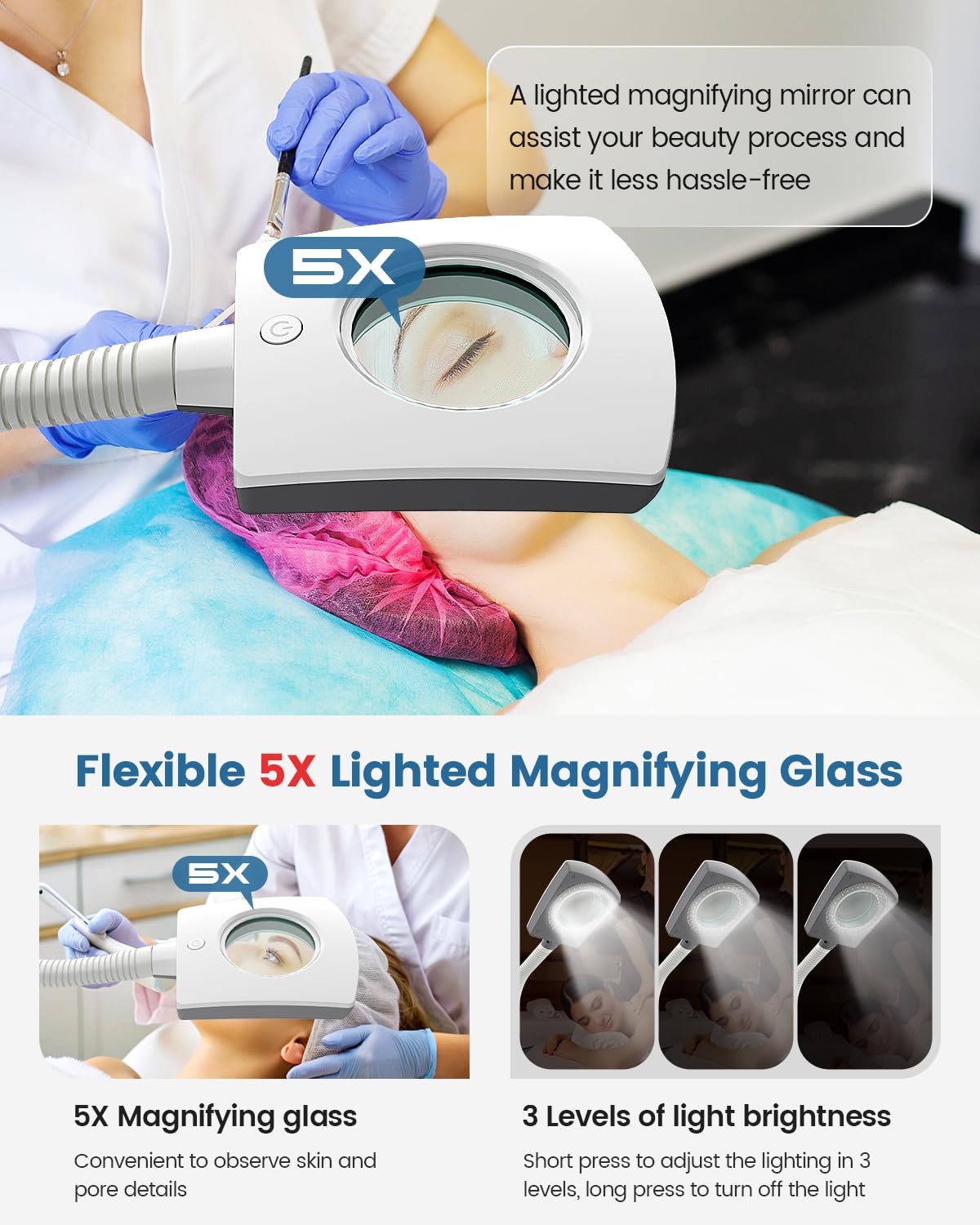 Kingsteam Professional 2-in-1 Facial Steamer with 5X Magnifying Lamp, Salon Grade Hot Mist Esthetician Device, Adjustable Timer, 2 Steam Levels, 3-Level LED Light, White