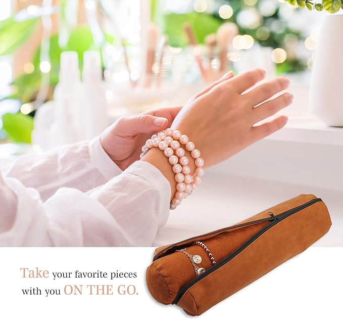 Novel Box Chestnut Brown Faux Leather Bangle/Bracelet/Watch Roll 12.25x3x3 Inches with Matching Zipper Pouch - Portable Organizer Pouch with Removable Roll Insert for Travel, Retail & Personal Use