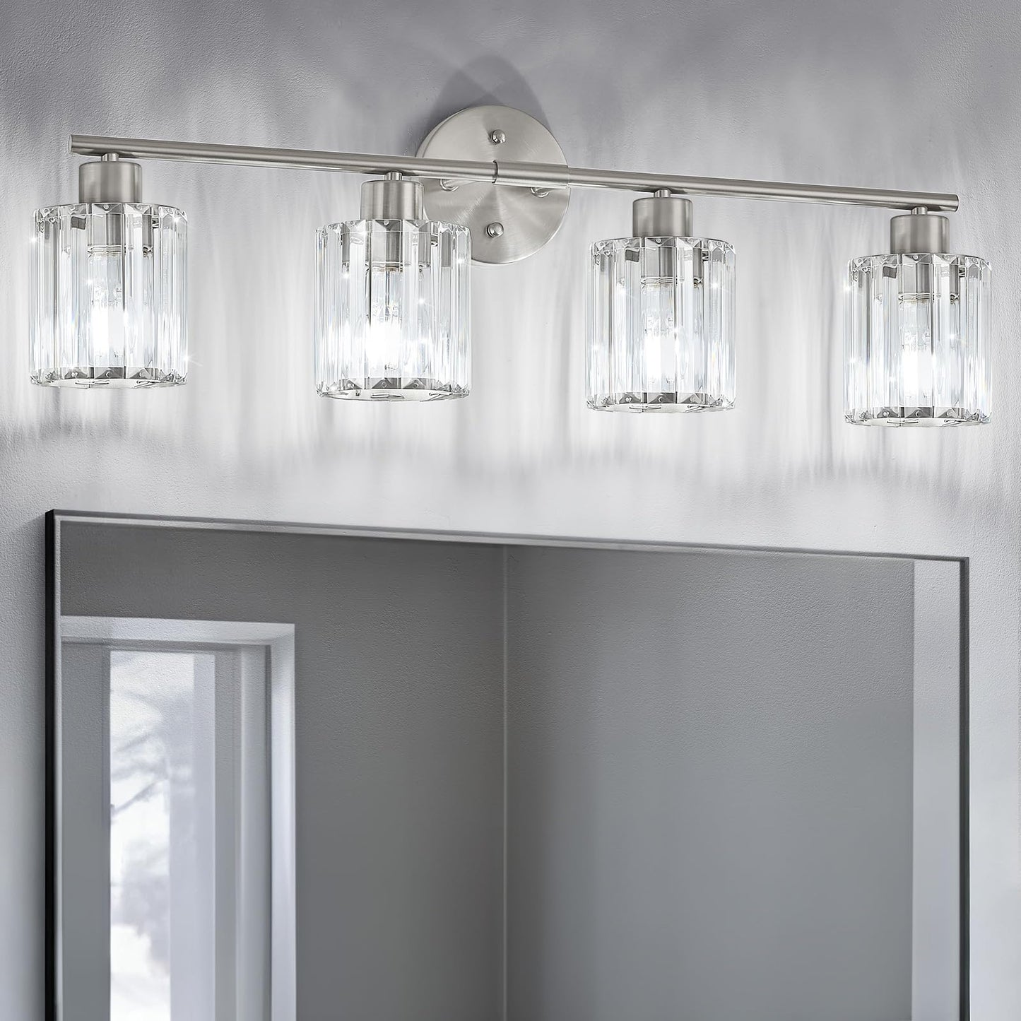 Kvhiiw Crystal Bathroom Light Fixtures, Bathroom Lighting Fixtures Over Mirror, Modern 4-Light Brushed Nickel Vanity Lights for Mirror, Restroom, Kitchen(Ceramic E26 Socket,Bulbs Not Include)