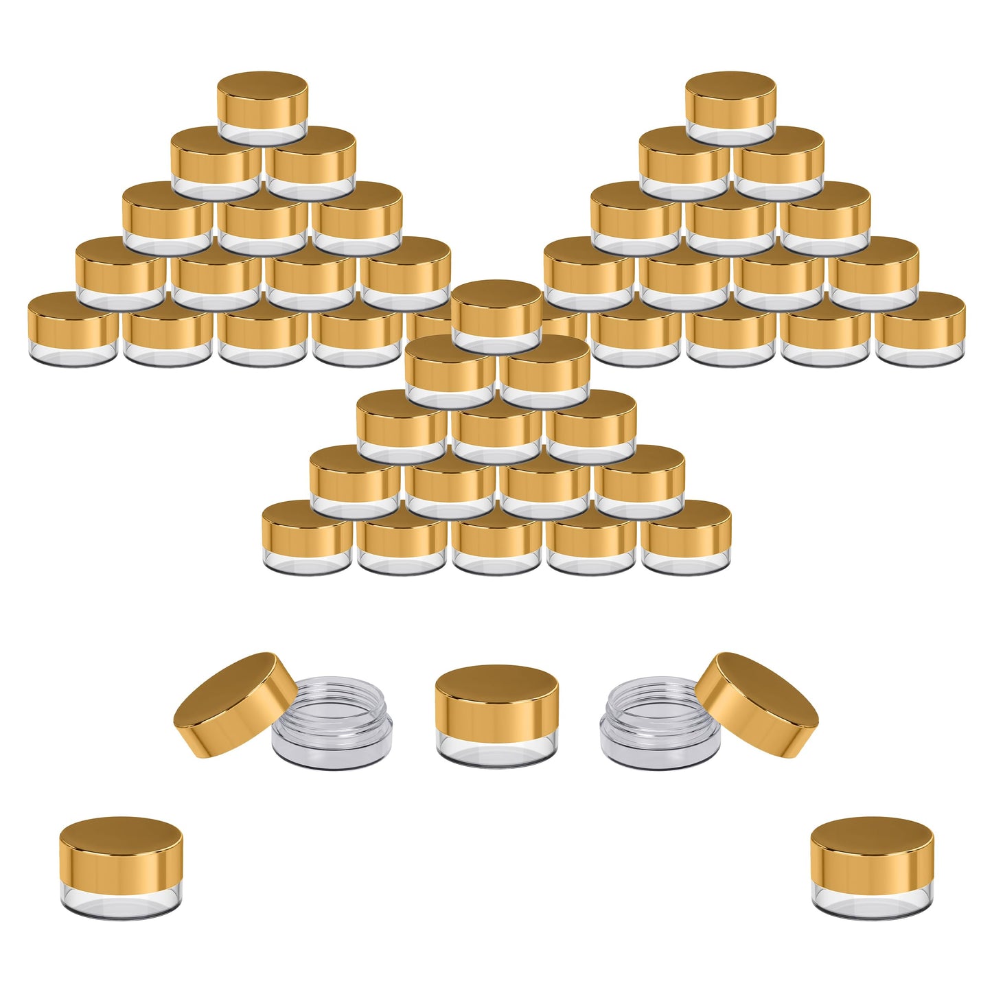 Houseables Sample Containers, Sample Jars, Lip Balm Containers, Mini Jars with Lids, Small, Empty, Makeup, Powder, Gloss, Cosmetic, Tiny, Dab, Wax, Scrub, Little, Travel, Plastic, Gold, 3 Gram, 50 PK