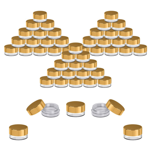 Houseables Sample Containers, Sample Jars, Lip Balm Containers, Mini Jars with Lids, Small, Empty, Makeup, Powder, Gloss, Cosmetic, Tiny, Dab, Wax, Scrub, Little, Travel, Plastic, Gold, 3 Gram, 50 PK