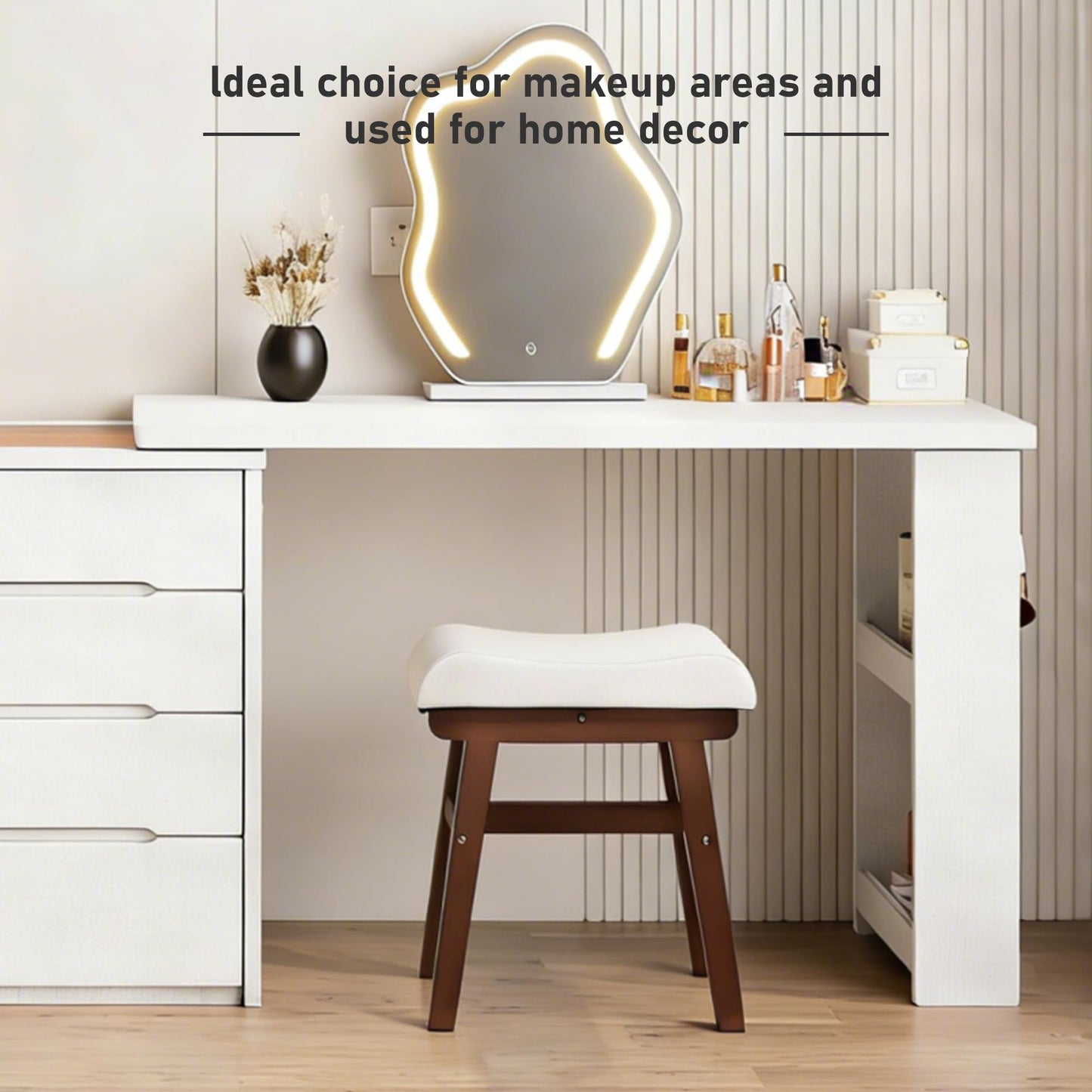 AurnaGle Wood Vanity Stool Chair, 17.7 Inch Compact Makeup Chairs with Saddle Cushion, Linen-Covered High Rebound Sponge Seat, Easy Assembly Footstool for Bedroom, Entryway, Home, Walnut Ottomans