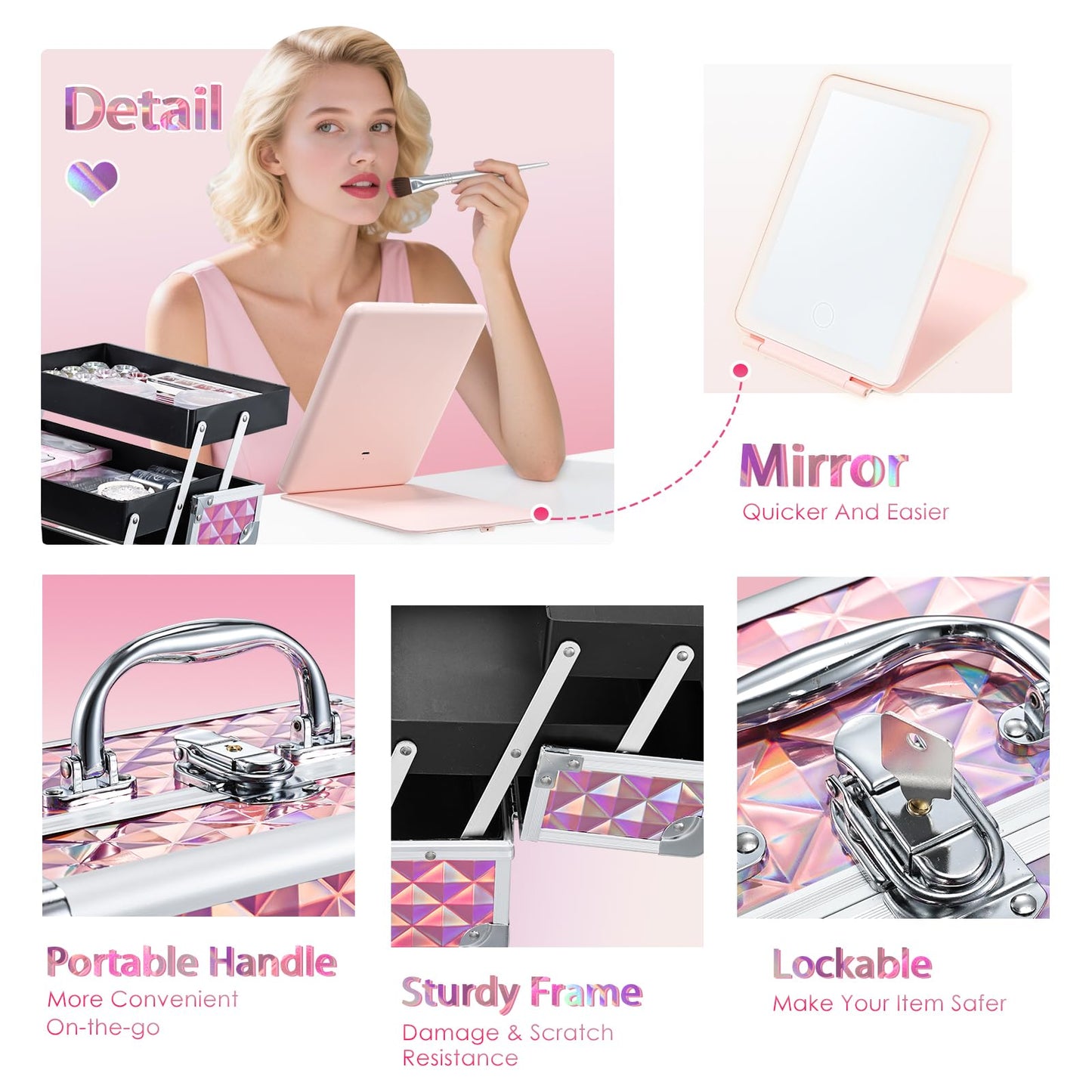 Faquenc Makeup Case with Lighted Mirror Travel Makeup Organizer Box 2 Trays Lockable Cosmetic Train Case with Movable LED Mirror for Girls Make Up Nail Kits Sewing Vanity Storage Case Shiny Pink