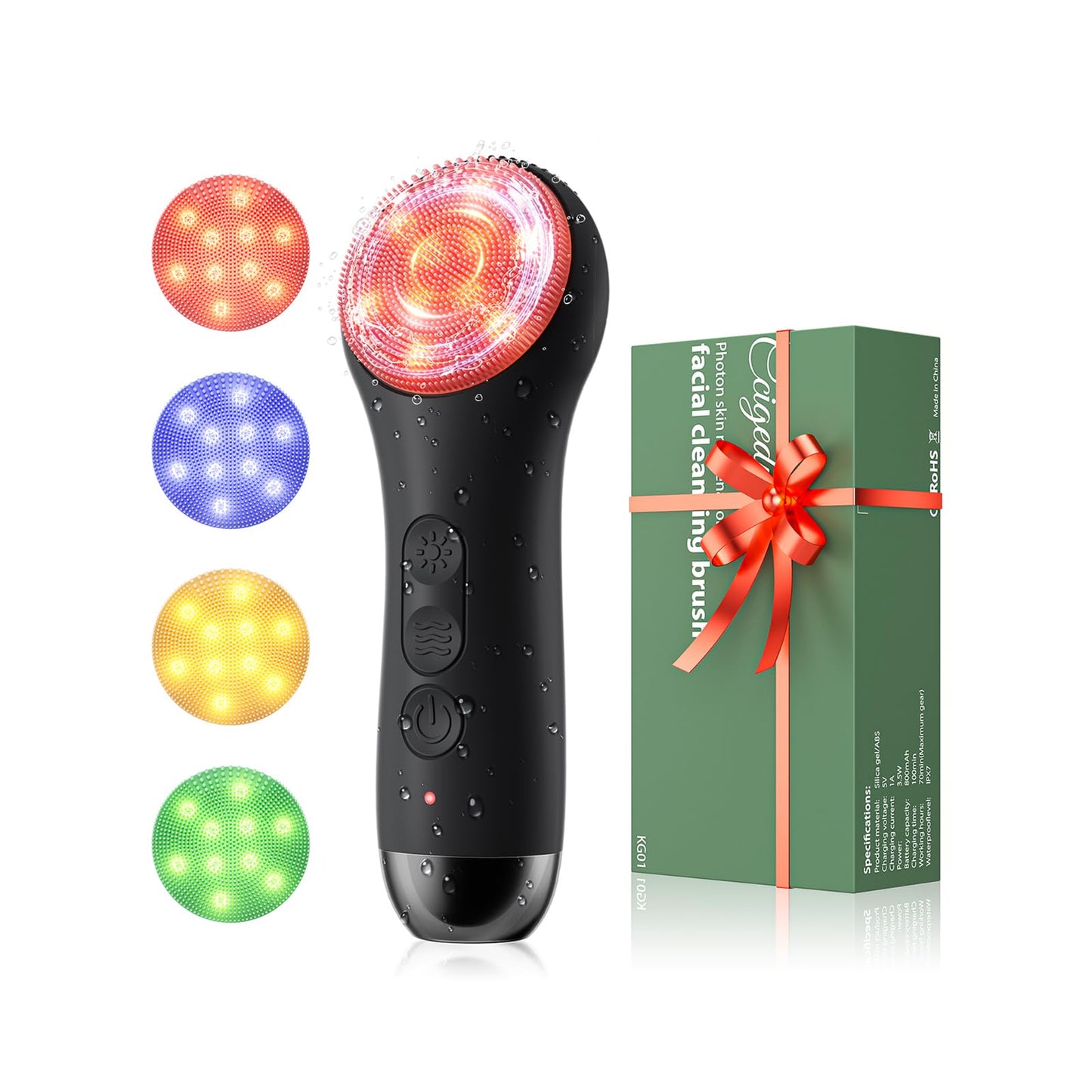Ccigedy Face Scrubber Brush, Electric Silicone Face Scrubber, Waterproof and Rechargeable Facial Cleansing Brush with 4 LED Gentle Light, Sonic Facial Pore Exfoliator Cleanser Tool (Black)