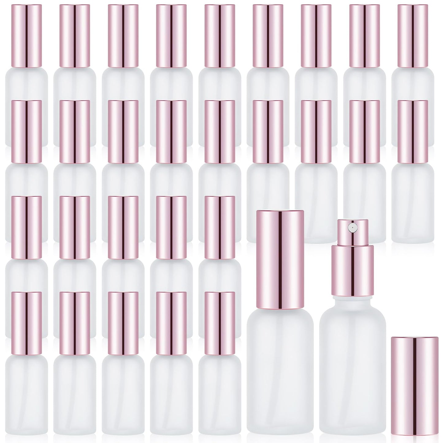 Roshtia 30 Pcs Glass Spray Bottle Clear Empty Bottles Small Refillable Reusable Perfume Bottle with Fine Mist Sprayer Pump for Face Body Travel(1 oz,Rose Gold)