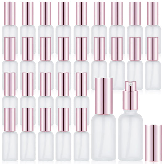 Roshtia 30 Pcs Glass Spray Bottle Clear Empty Bottles Small Refillable Reusable Perfume Bottle with Fine Mist Sprayer Pump for Face Body Travel(1 oz,Rose Gold)