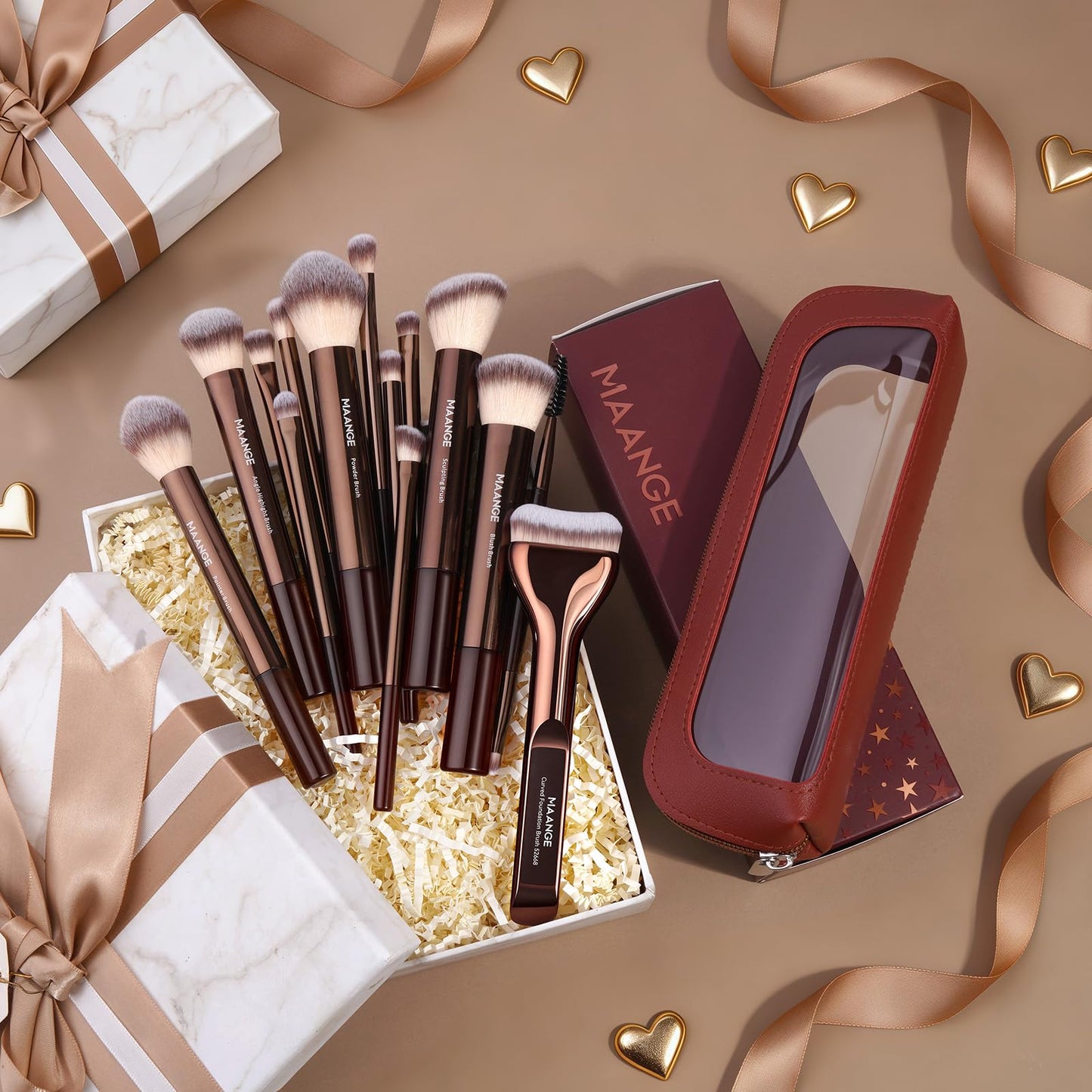 MAANGE 14 PCS Makeup Brushes Professional Make Up Brushes Premium Synthetic Powder Concealers Brushes Travel Makeup Brush Set with Case (Coffee)
