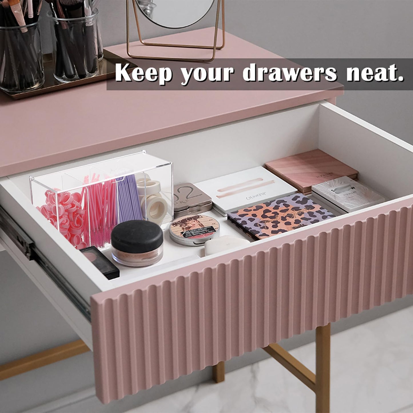 ELLDOO Lash Extension Organizer Box with Lid, Acrylic Eyelash Supplies Organizer Storage Box, 4 Compartments Bathroom Supplies Storage Container for Cotton Swabs, Balls, Pads, Floss Picks