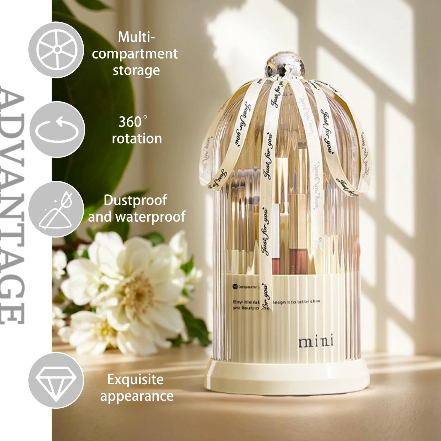 JIANGLAI Makeup Brush Holder with Lid, 360° Rotating Multifunction Clear Dustproof Skincare Cosmetic Tools Storage Organizer for Vanity Desktop Bathroom Countertop (White)