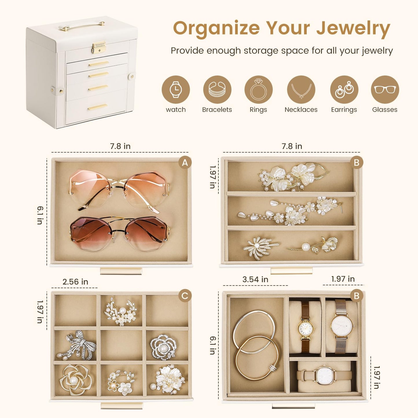 RoseGem Synthetic Leather Huge Jewelry Box Mirrored Watch Organizer Necklace Ring Earring Storage Lockable Gift Case (White)