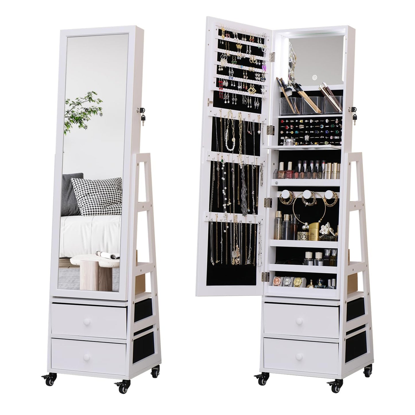 Jewelry Cabinet Standing Mirror with Drawers Wheels Full Length Mirror Jewelry Storage with Touch Screen Vanity Mirror Rotatable Jewelry Armoire Organizer with Lock White Christmas Gift for Women