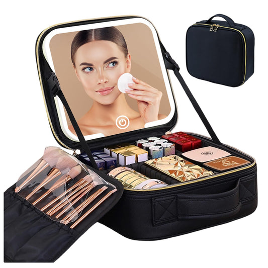 MELSYLODY Makeup Bag with LED Mirror, Three-level Adjustable Brightness, Travel Makeup Case with Removable Lighted Mirror, Adjustable Dividers and Brush Storage Board
