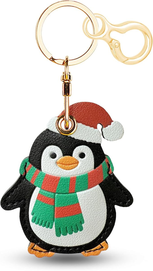 Leather Keychain for Airtag, Cute Protective Keychain Holder Compatible with Apple Air Tag,GPS Item Tracker Case Cover for Keys,Bags,Pets,Luggage(Penguin)