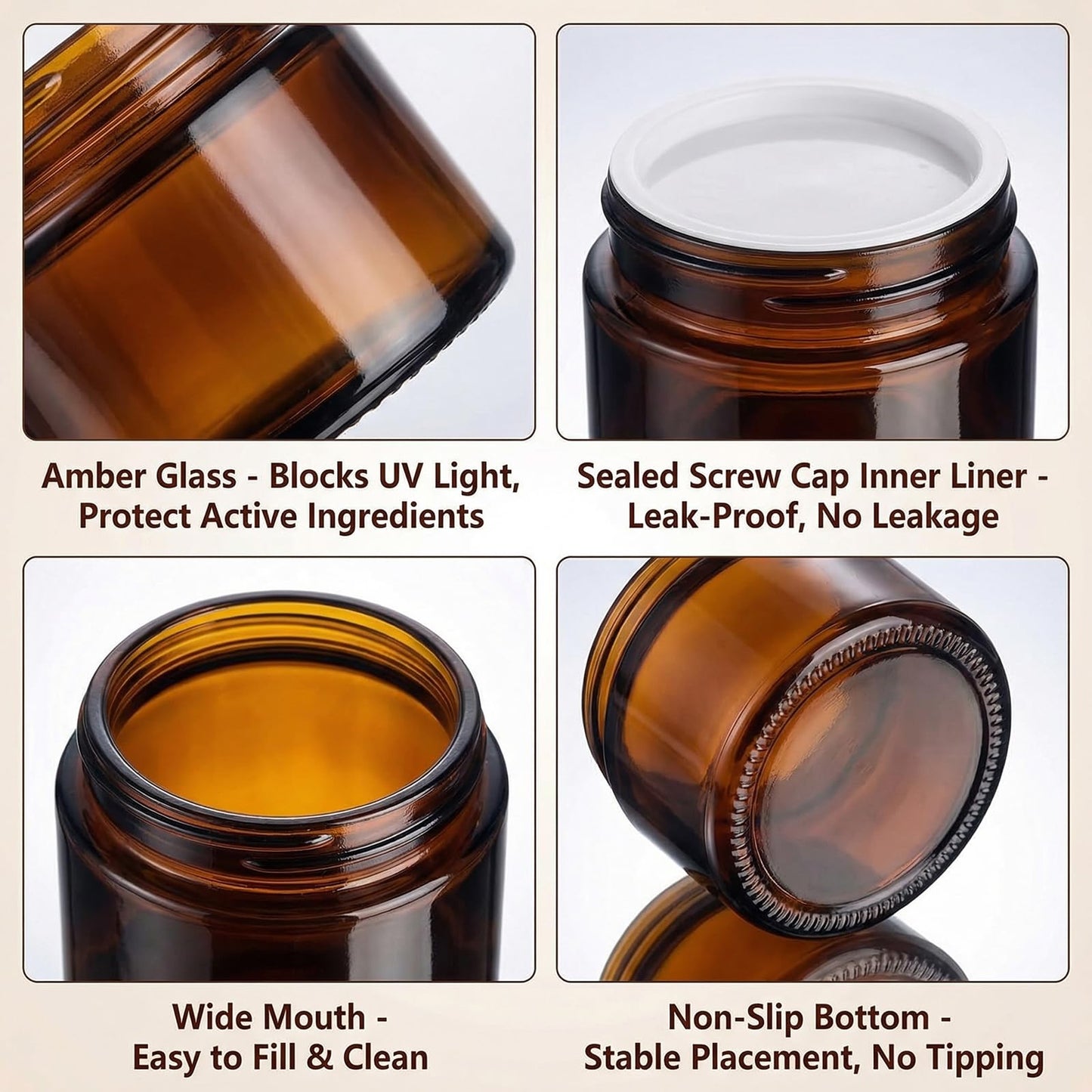 6PCS 10ml Amber Glass Jar Empty Refillable Cosmetic Container with Liners & Black Screw Lids for Face Cream Essential Oils Lotion Makeup