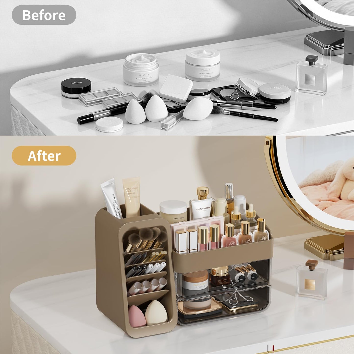 Makeup Organizer with Adjustable Brush Holder for Vanity, Large Skincare Organizer for Bathroom Countertop, Cosmetic Display Case with Drawers, Multi-Function Storage for Perfume, Lipstick, Palettes