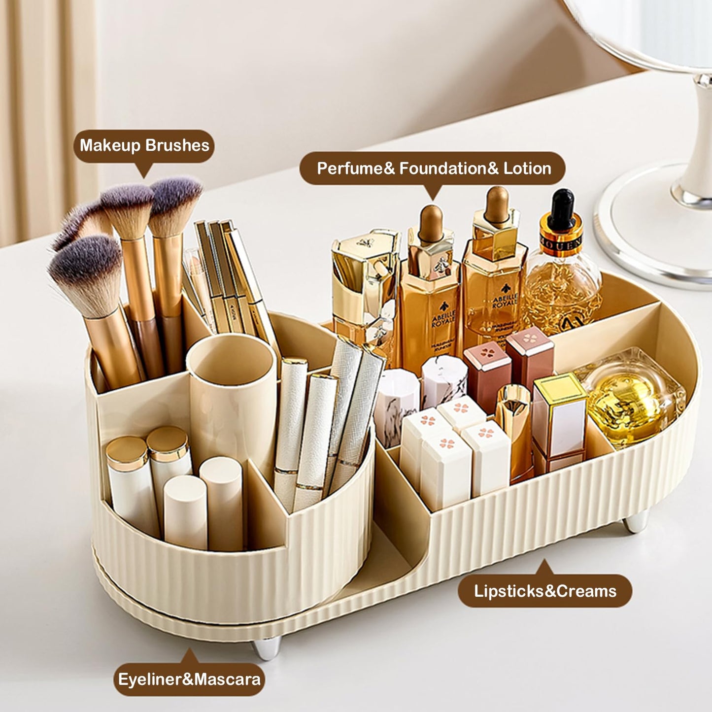 Rotating Makeup Organizer for Vanity with Brush Holder, Cosmetic Makeup Storage Organizer, Large Spinning Makeup Skincare Organizer, Countertop Makeup Perfume Organizer, Lotions Display Case Ivory