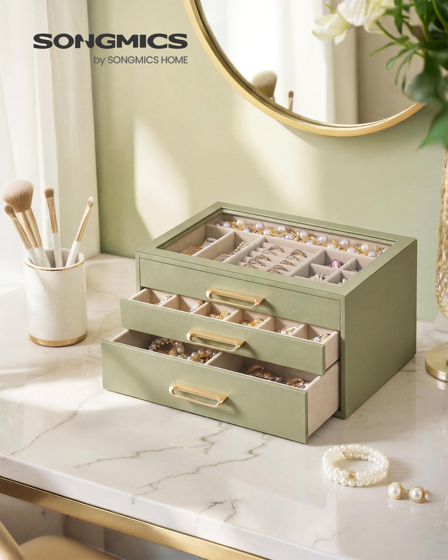 SONGMICS 3-Layer Jewelry Box with Glass Window, Jewelry Storage Organizer with 3 Drawers, Golden Handles, for Rings, Earrings, Bracelets, Gift Idea, Sage Green, 6.3 x 9.4 x 4.9 Inches UJBC206CE01S