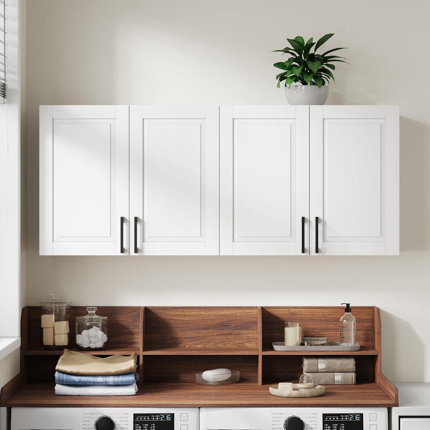 ChooChoo Laundry Room Cabinets, 3 Doors Wall Mounted Storage Cabinet, Kitchen Wall Storage, Bathroom Wall Cabinet, White