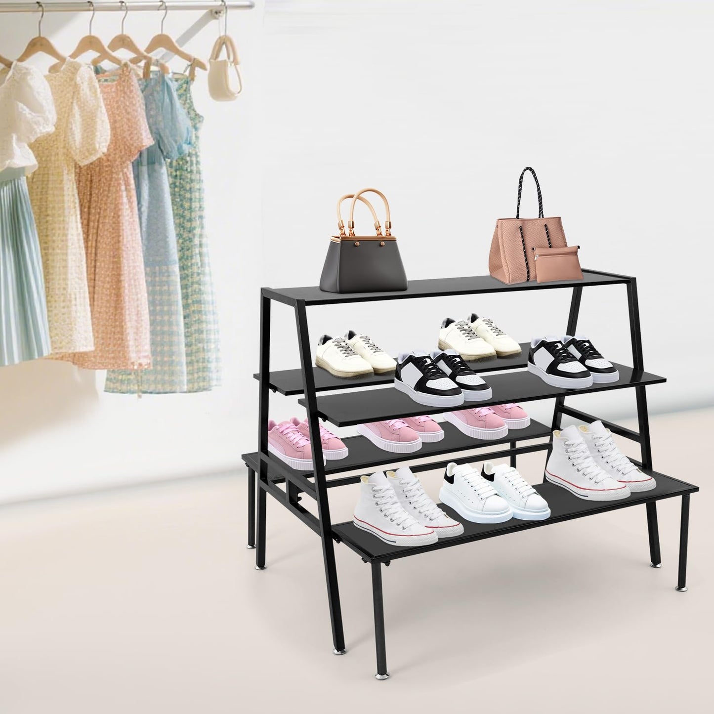 Nesting Tables for Retail Display, 3 Tier Metal Shoe Handbag Display Stand, Black Modern Retail Display Tables for Boutiques, Floor Standing Double Side Display Riser Shelf for Clothing Stores