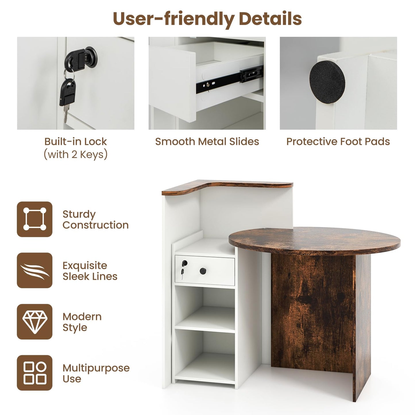 CHEFJOY Reception Desk, Retail Checkout Counter w/Lockable Drawer & Open Shelves, Computer Workstation, Small Front Desk Reception Counter for Company Lobby Store Salon Office (Rustic Brown & White)