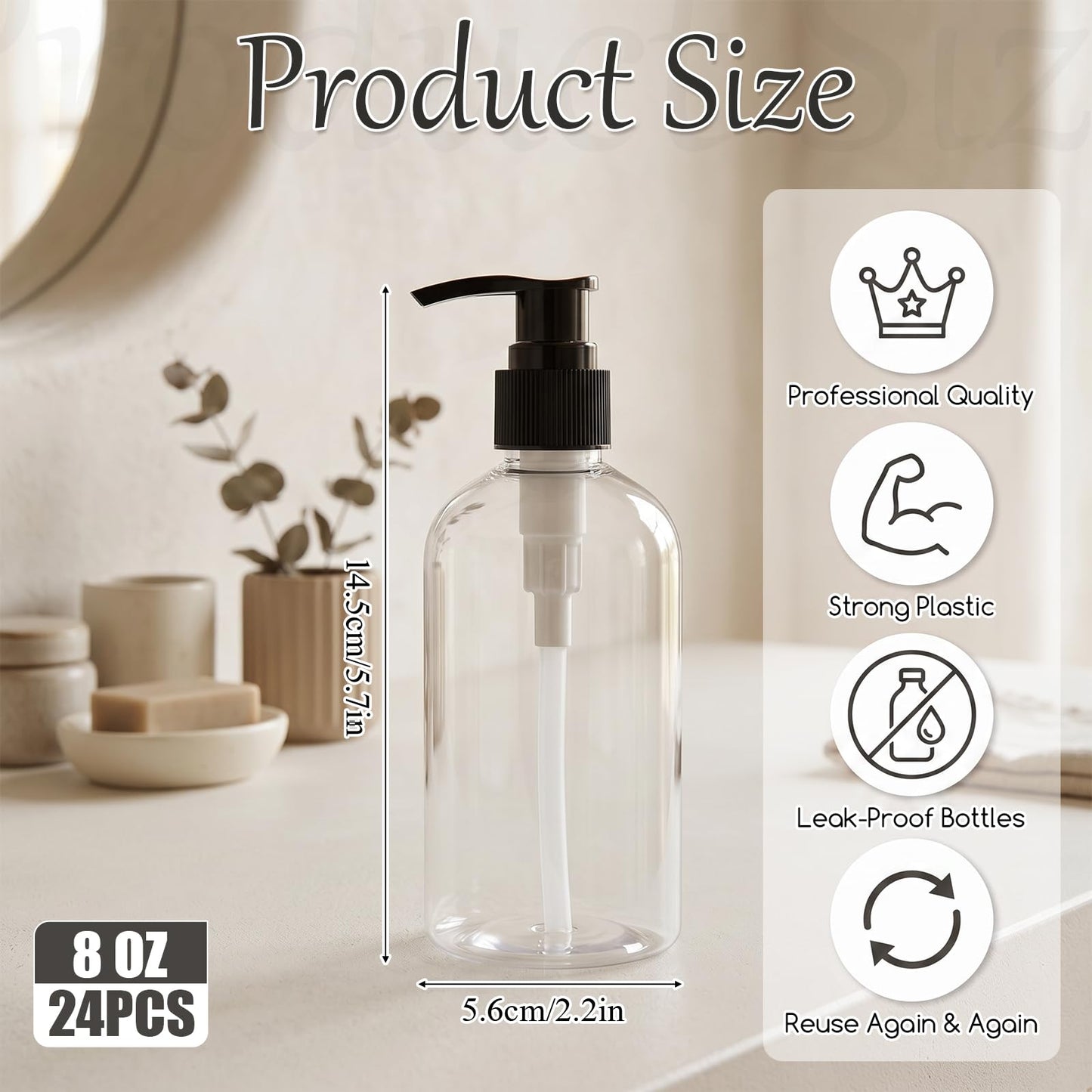 24 Pack 8 oz Clear Empty Lotion Bottles, Plastic Pump Bottle with Black and White Pumps, Refillable Travel Lotion Container, Clear Round Hand Soap Bottles for Body Wash, Creams, Shampoo, Conditioner