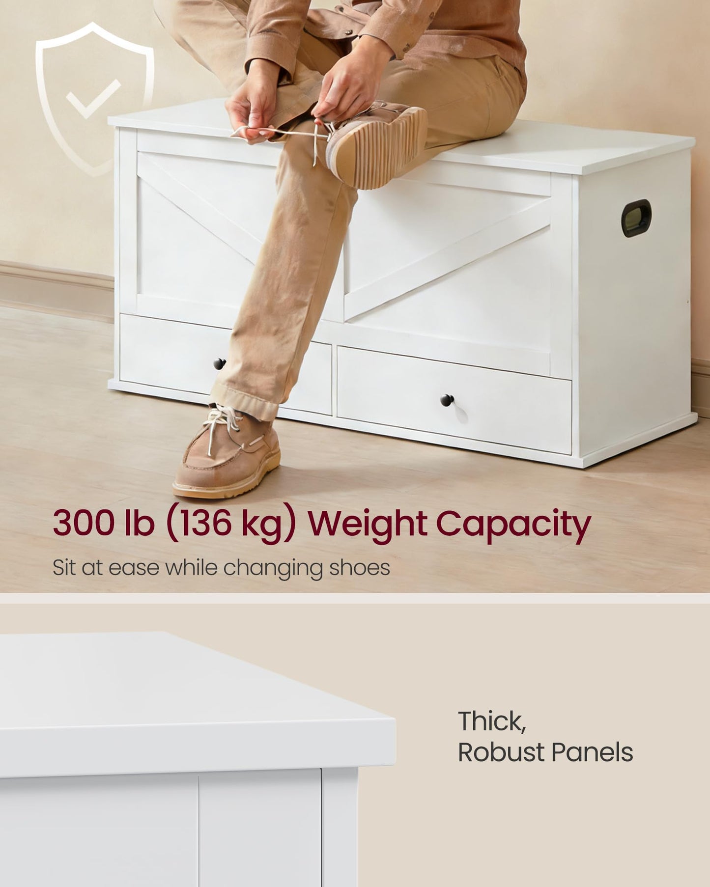 VASAGLE Storage Chest, Storage Bench with 2 Fabric Drawers, Farmhouse Style, for Entryway, Bedroom, Living Room, 15.7 x 39.4 x 19.9 Inches, Cloud White ULSB043W01