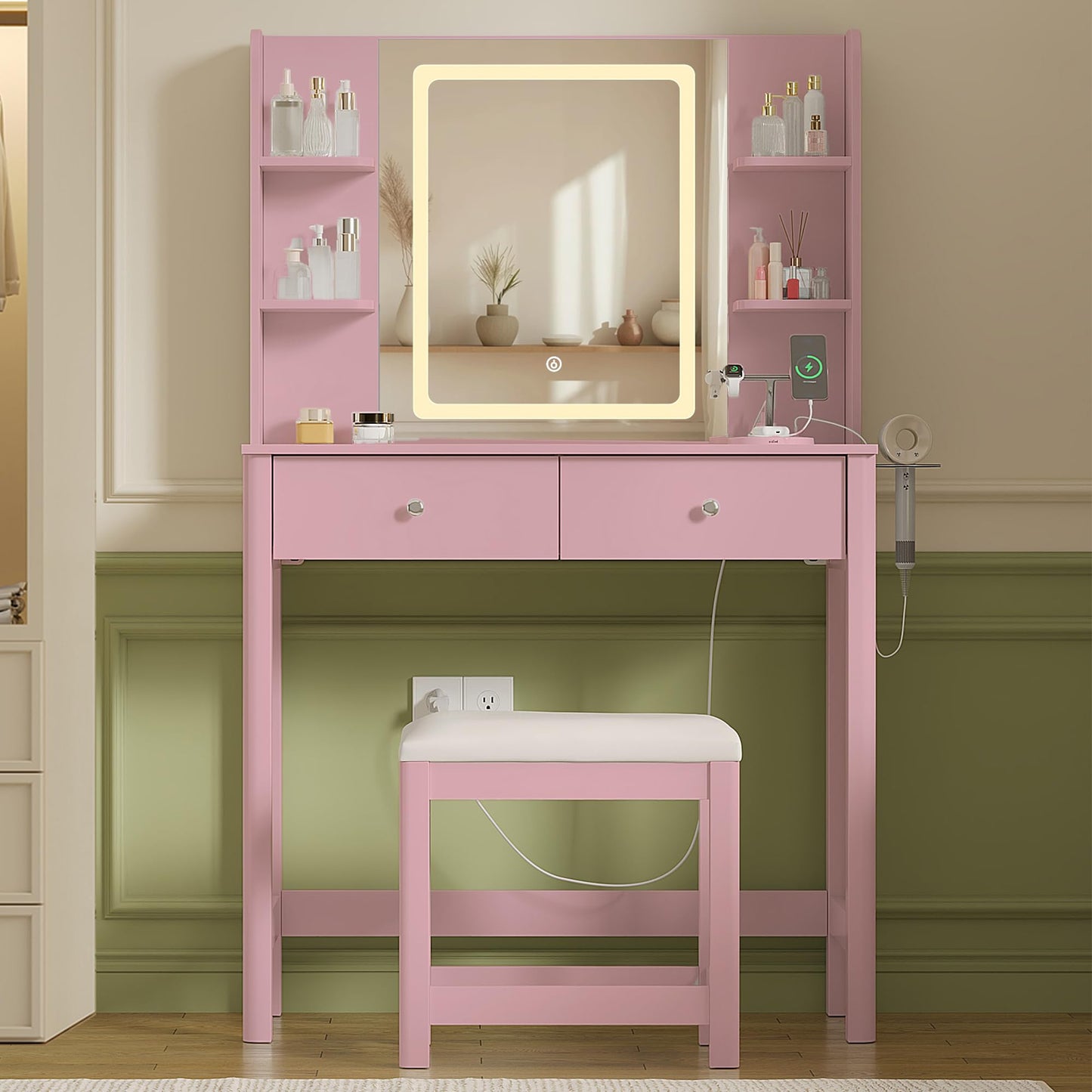ProsperHaven Vanity Desk with Mirror and LED Lights, Small Makeup Vanity Table Set with Drawers and Chair, Dressing Table with Power Outlet for Girls Bedroom, Pink