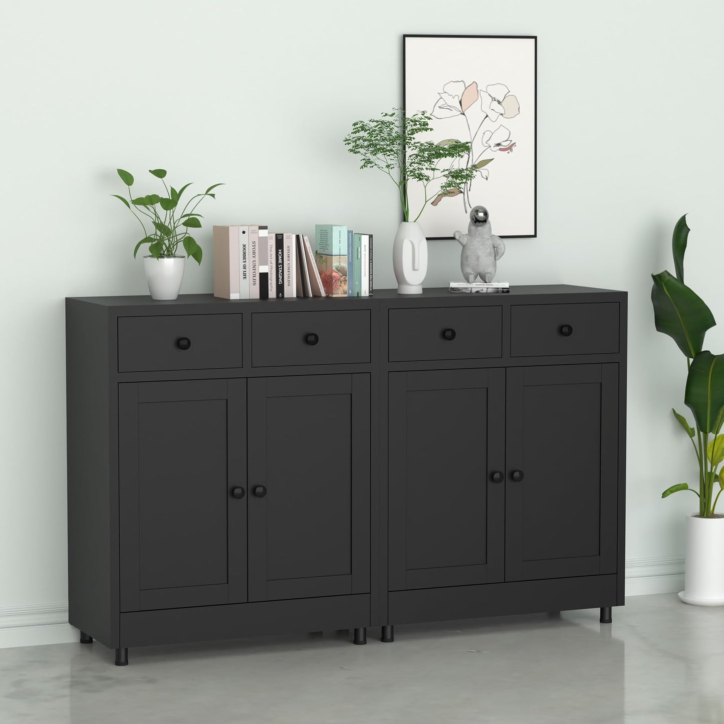 JINKUR Metal Storage Cabinet with 2 Drawers and Adjustable Shelf, Sideboard Buffet Cabinet for Home, Office, Hallway, Entryway, Living Room, Kitchen Pantry and Dining Room (Black)