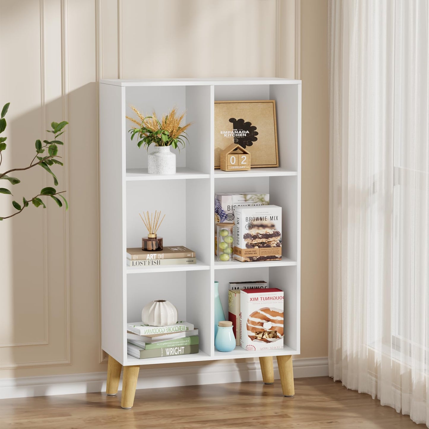VAFHYLLIS 6 Cube Storage Organizer with Legs, 3 Tier Cube Low Bookcase Freestanding Storage Display Organizer for Home Office, Three-Cubes Open Shelf Short Bookshelf (White, 6 Cube Vertical)