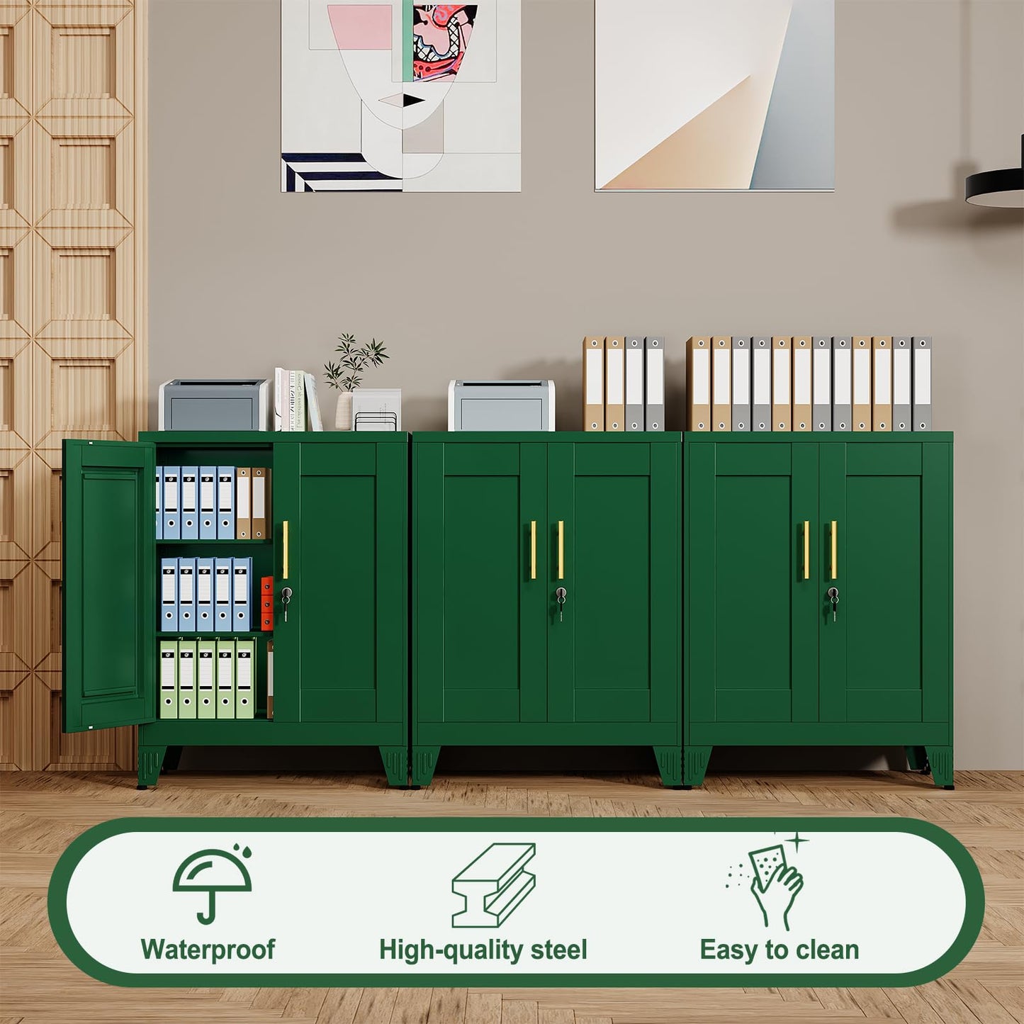 RISTERN Green Metal Storage Cabinet, 36" Tall Locking Storage Cabinet with 2 Adjustable Shelves, Steel Locker Organizer, for Office, Home, School