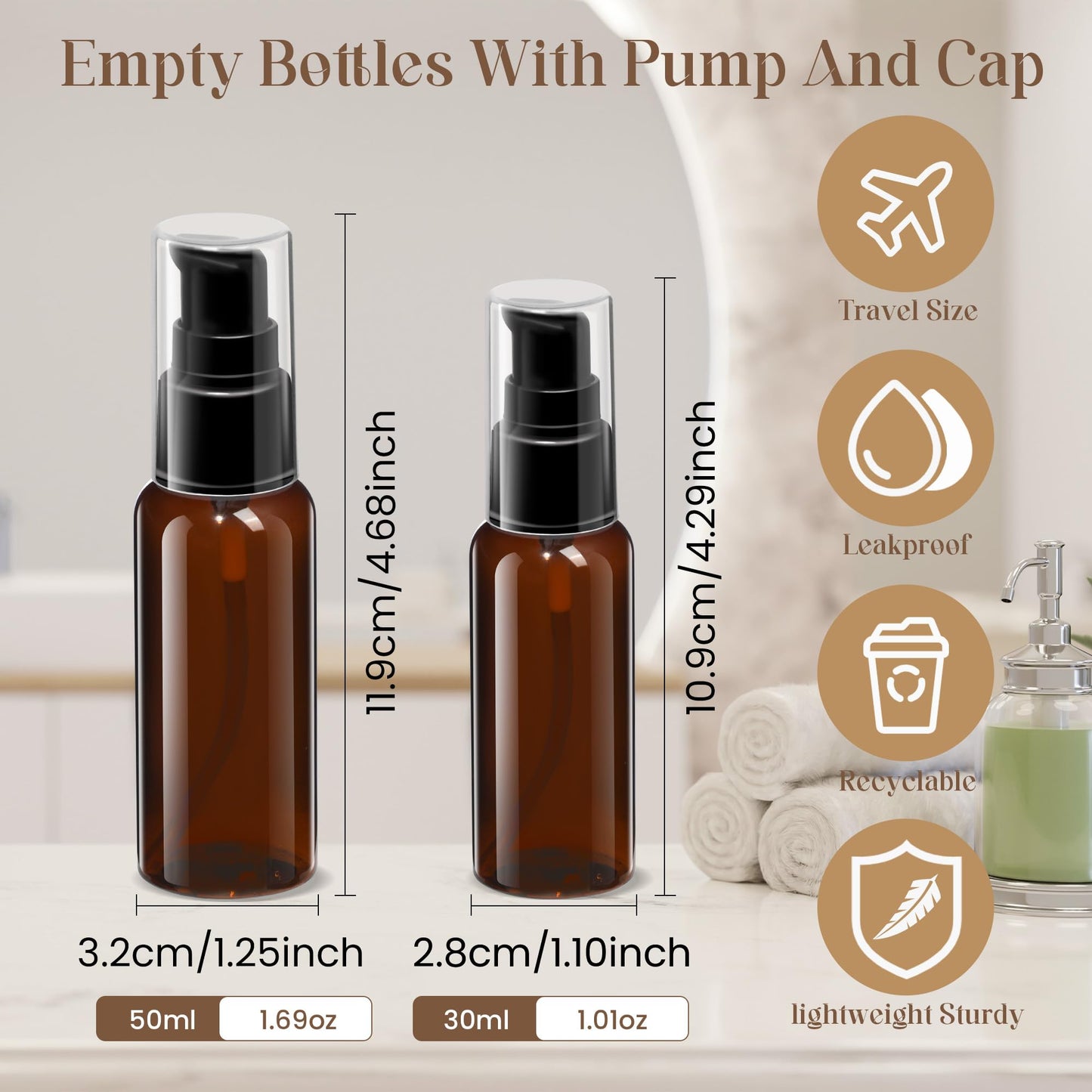 VIDELLY 10 Pieces Travel Bottles Pump Bottles Dispenser 2oz/50ml Plastic Lotion Pump Bottle Clear Travel Toiletry Bottle Empty Spray Bottle with Black Cap for Lotion Cream Essential Oil(Brown)