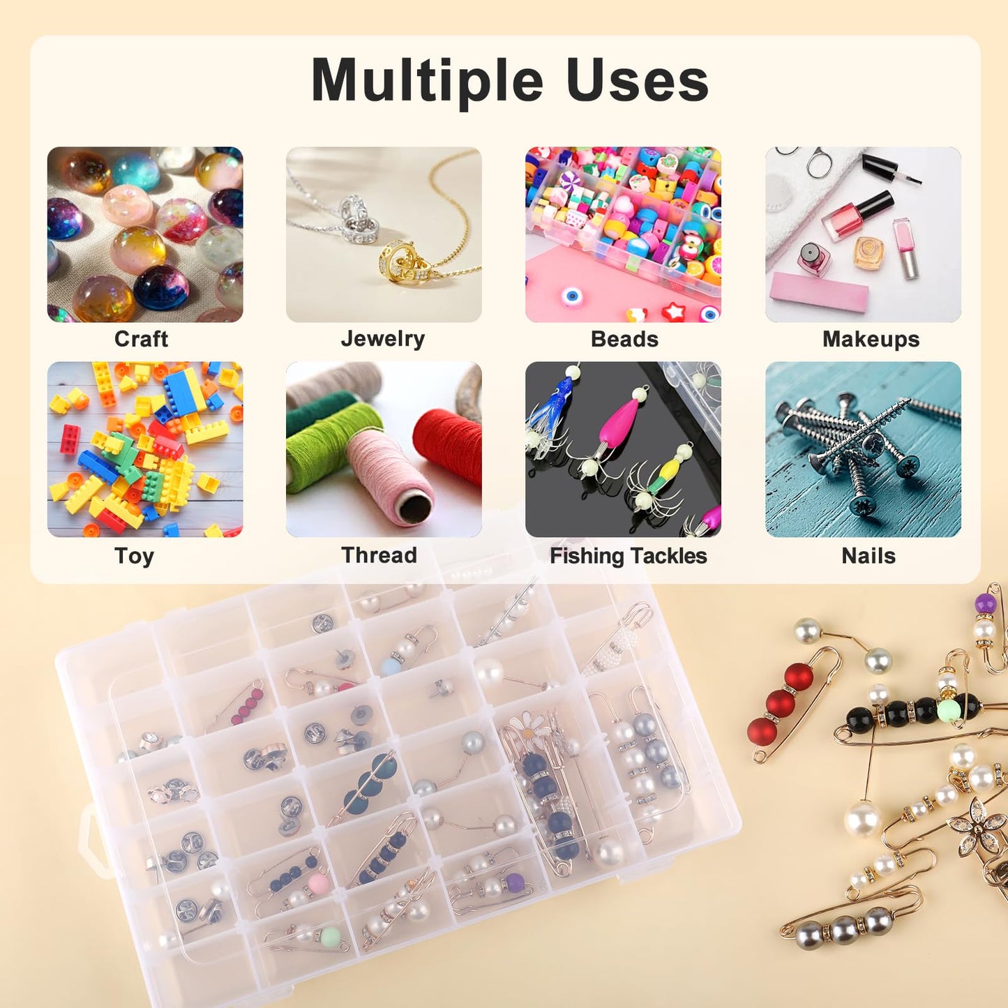 Sopoloray 4 Pack 36 Grid Bead Organizer Box with Removable Dividers, Clear Plastic Organizer Box, Craft Storage Containers for Beads, Jewelry, Fishing Tackle, Thread, Screws, DIY Small Parts