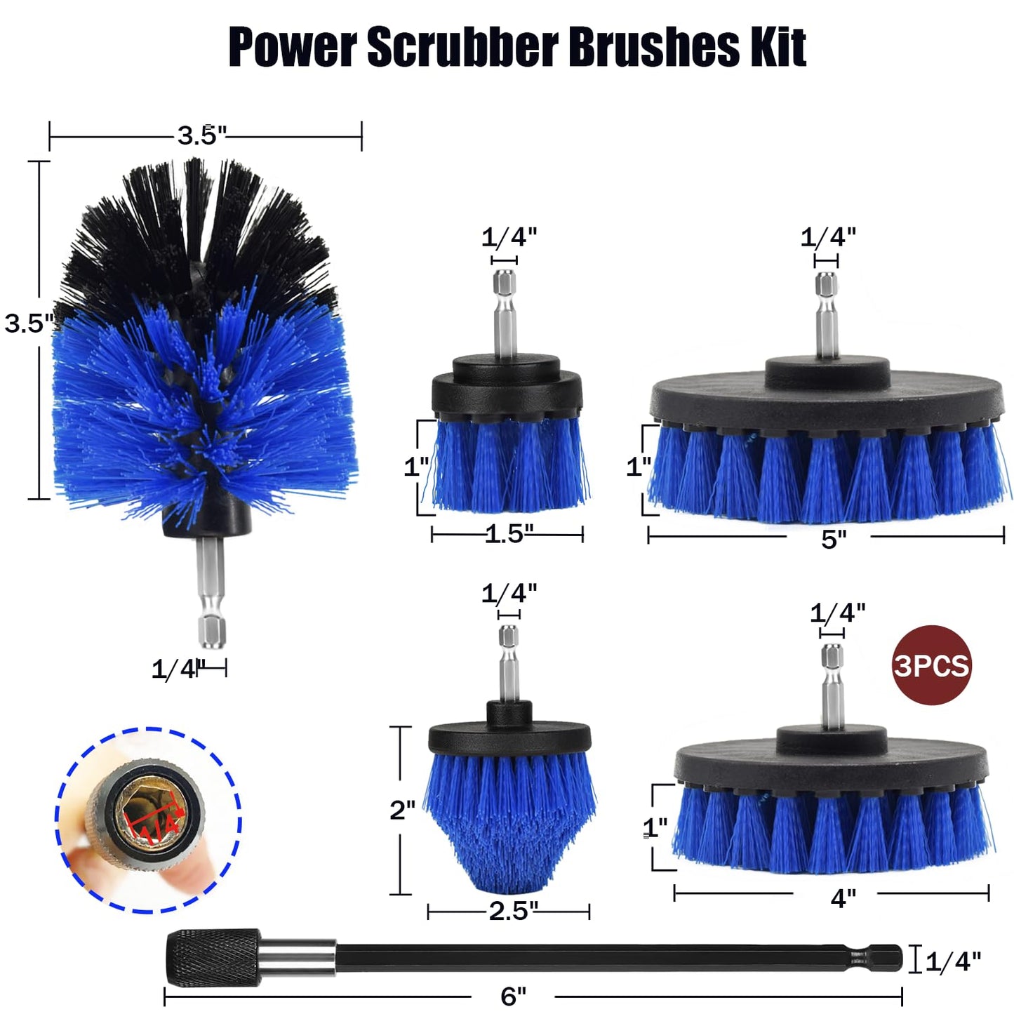 8 PackDrill Brush Attachment Set, 1/4in Power Scrubber Brush + Extend Long Rod, Brush Drill Attachment, Power Cleaning Scrub Brush for Bathroom, Tub, Tile, Corner（Blue）