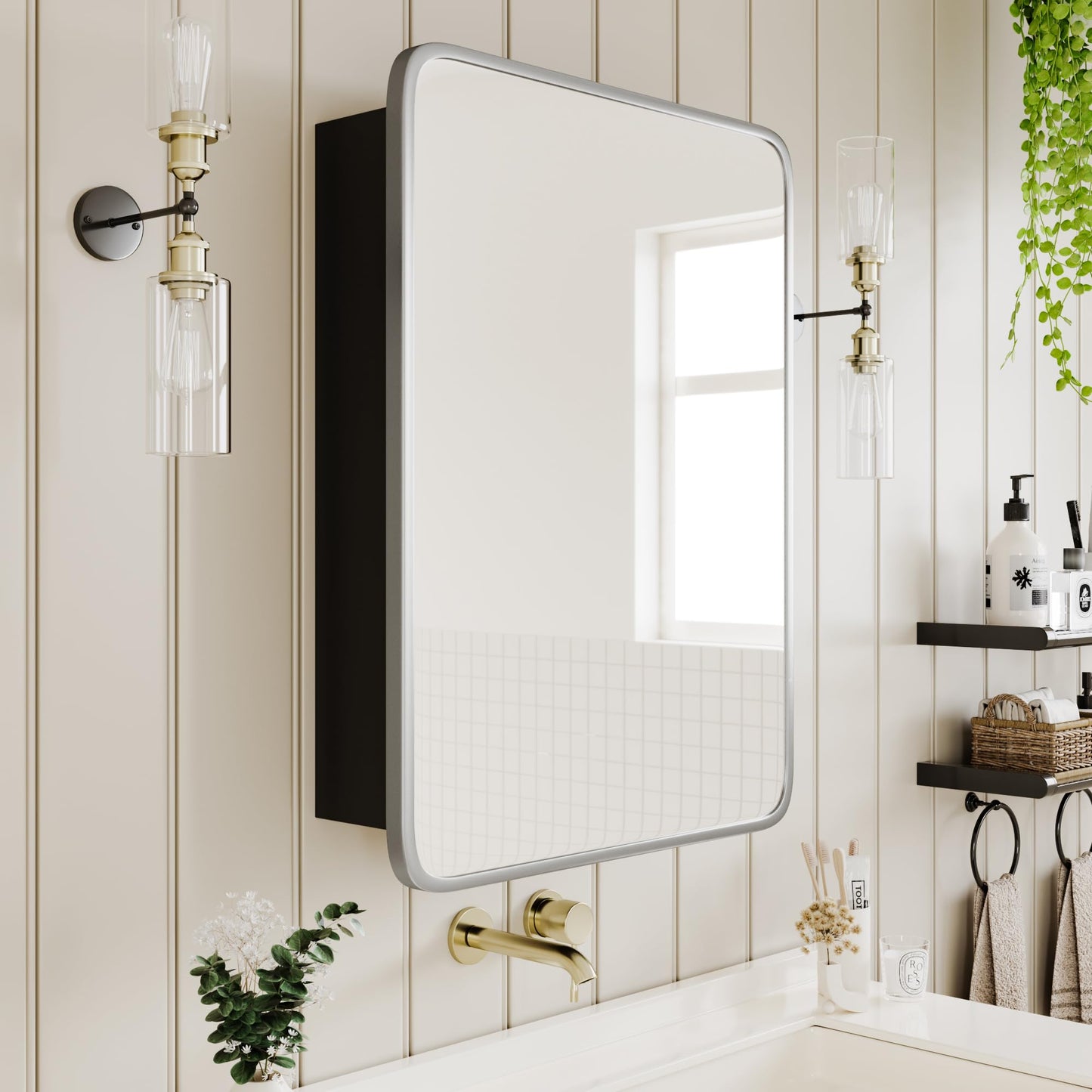 AGDULL Vintage-Style Bathroom Medicine Cabinet, Surface Mount or Recessed, Wood Wall Cabinet with Brushed Nickel Metal Frame Curved Mirror, Overall 16.5" W x 24" H