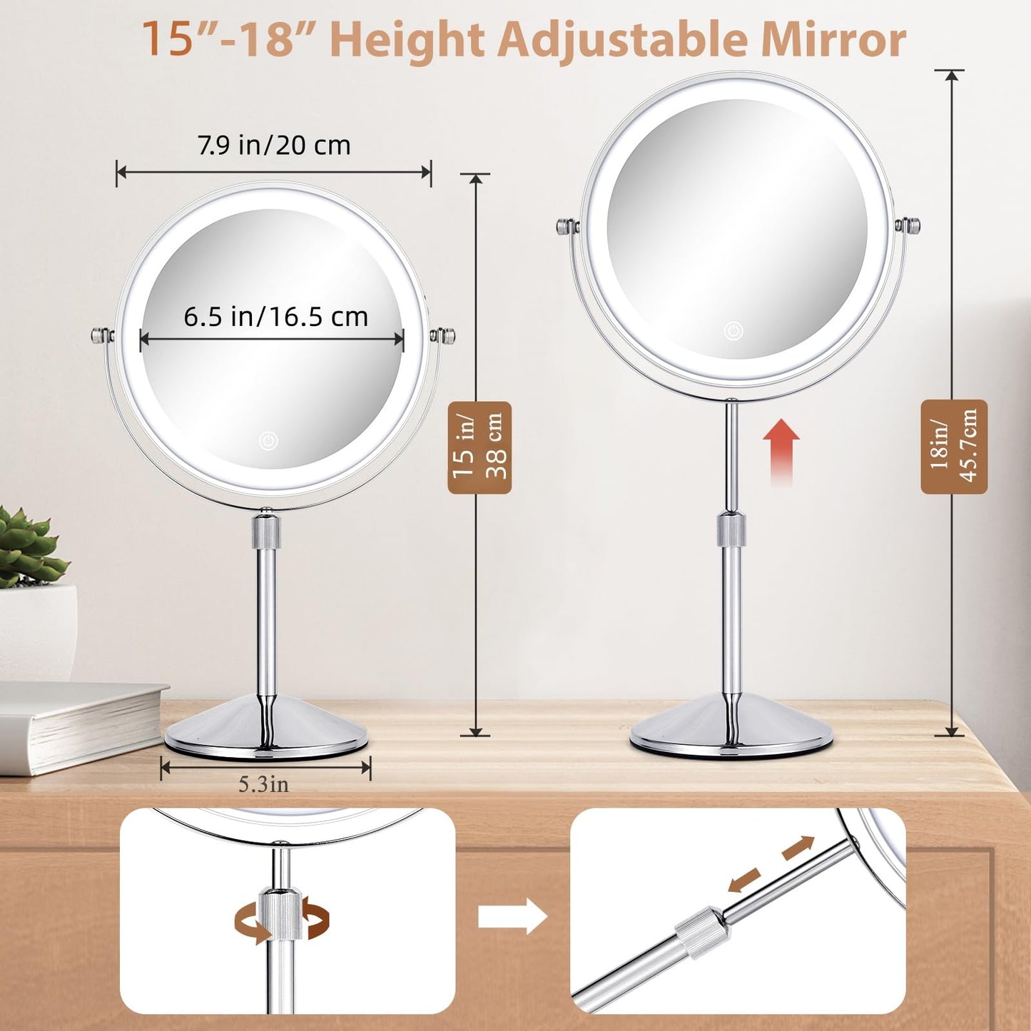 FFowcye 8" Lighted Makeup Mirror with Adjustable Height, 1X/10X Magnification, Rechargeable LED Vanity Mirror with 3 Color Modes, 360° Rotating Touch Screen, Magnifying Tabletop Cosmetic Mirror