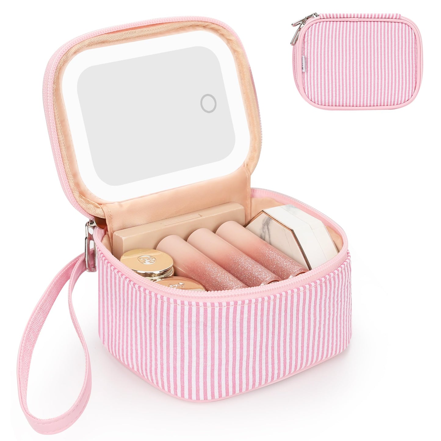 Relavel Mini Makeup Bag with Led Mirror, Small Cosmetic Bag with 3 Light Modes, Rechargeable Portable Makeup Pouch with Hands-Free Wrist Strap for Pool Parties丨Work Touch-Ups丨Travel - Pink Strip