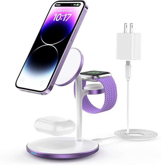 XooFly 3 in 1 Wireless Charging Station for Apple Devices, Fast Wireless Mag-Safe Charger Stand with 20W Adapter for iPhone 17/16 15 14 13 12 Pro Max/Pro/Plus/Air/Mini, iWatch, AirPods (Lavender)