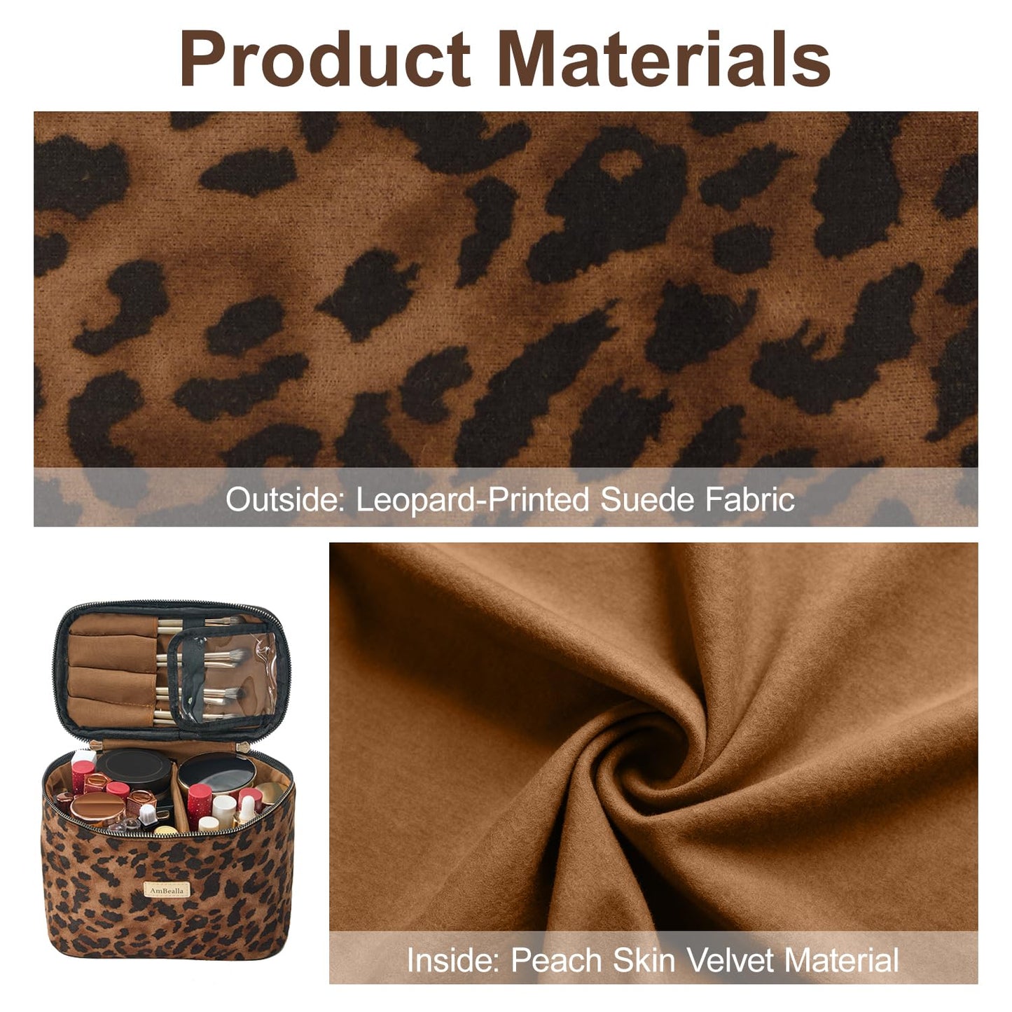 AmBealla Large Makeup Travel Bag Cosmetic Bags with Makeup Mirror and Brush Holder,Makeup Organizer Leopard Print for Women,Portable Toiletry Bag for Fashion Girls