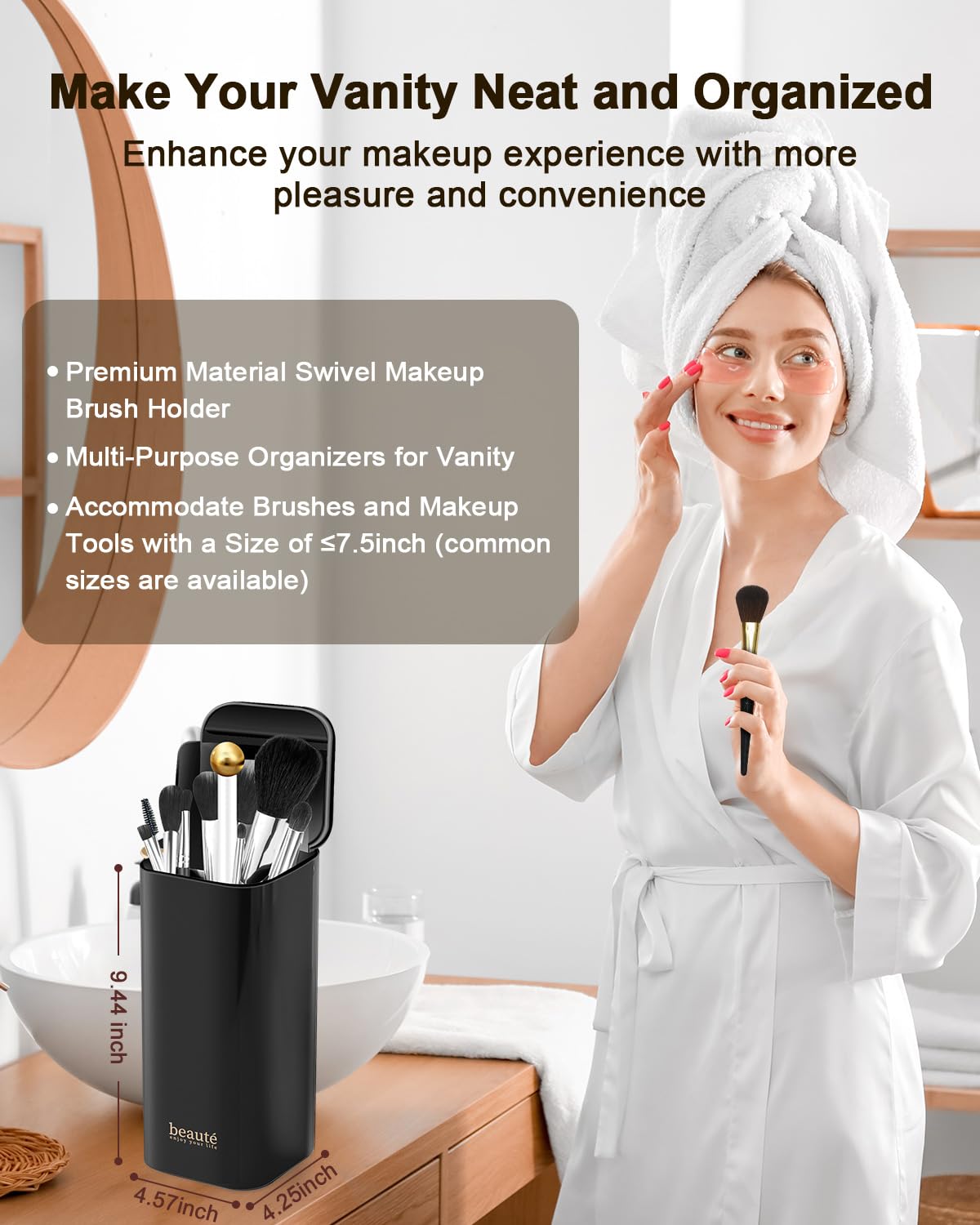 Upgrade Makeup Brush Holder Organizer with Lid, Automatic Lifting Dustproof Makeup Brushes Organizer with 4 Compartments for Vanity，Cosmetic Storage for Dresser Countertop and Bathroom (White Gold)