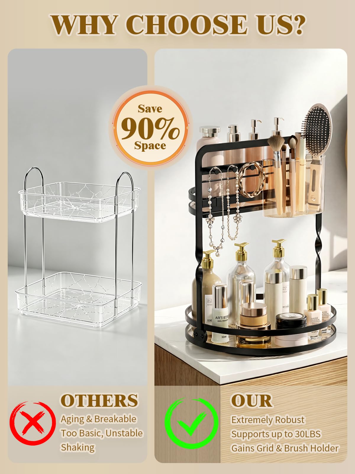 DUANFEE 360 Rotating Makeup Organizer, 2-Tier Black Perfume Organizer for Dresser, Bathroom Counter Organizer, Lazy Susan Vanity Tray Spinning Skincare Storage with Jewelry Hooks & Makeup Brush Holder