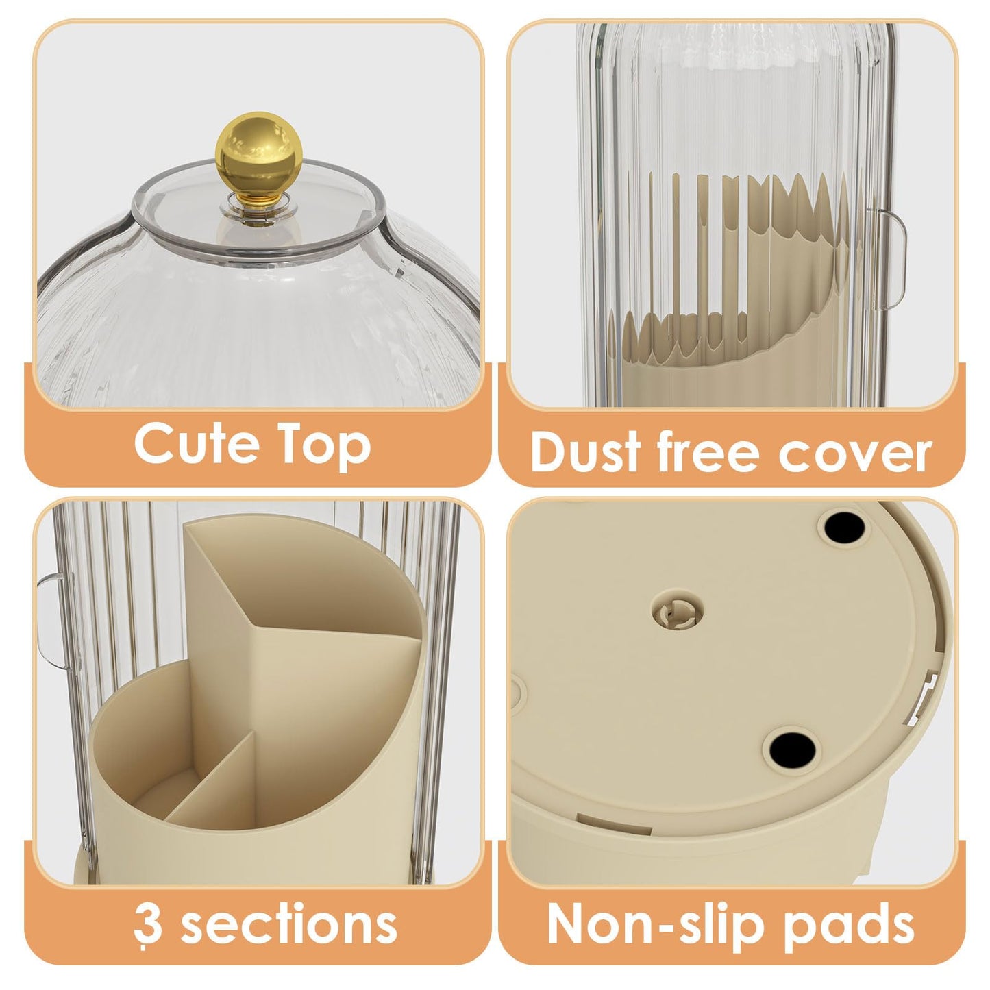 YOOLENS Makeup Brush Holder with Lid 360 Rotating Clear Dustproof Make Up Organizers for Vanity Bathroom Countertop, White Beige